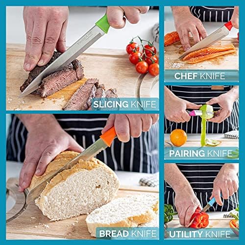 Sharp Kitchen Knife Set with Rotating Block  5pcs Kitchen Colour Coded Knives  Stainless Steel Blades with 360-degree Rotating Stand  by Nuovva