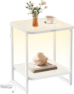 VASAGLE End Table, 2-Tier Side Table with LED Lights, Modern Nightstand, Square Bedside Table, Frosted Glass, Bottom Shelf, for Bedroom, Cloud White and Pearl White ULET232W01