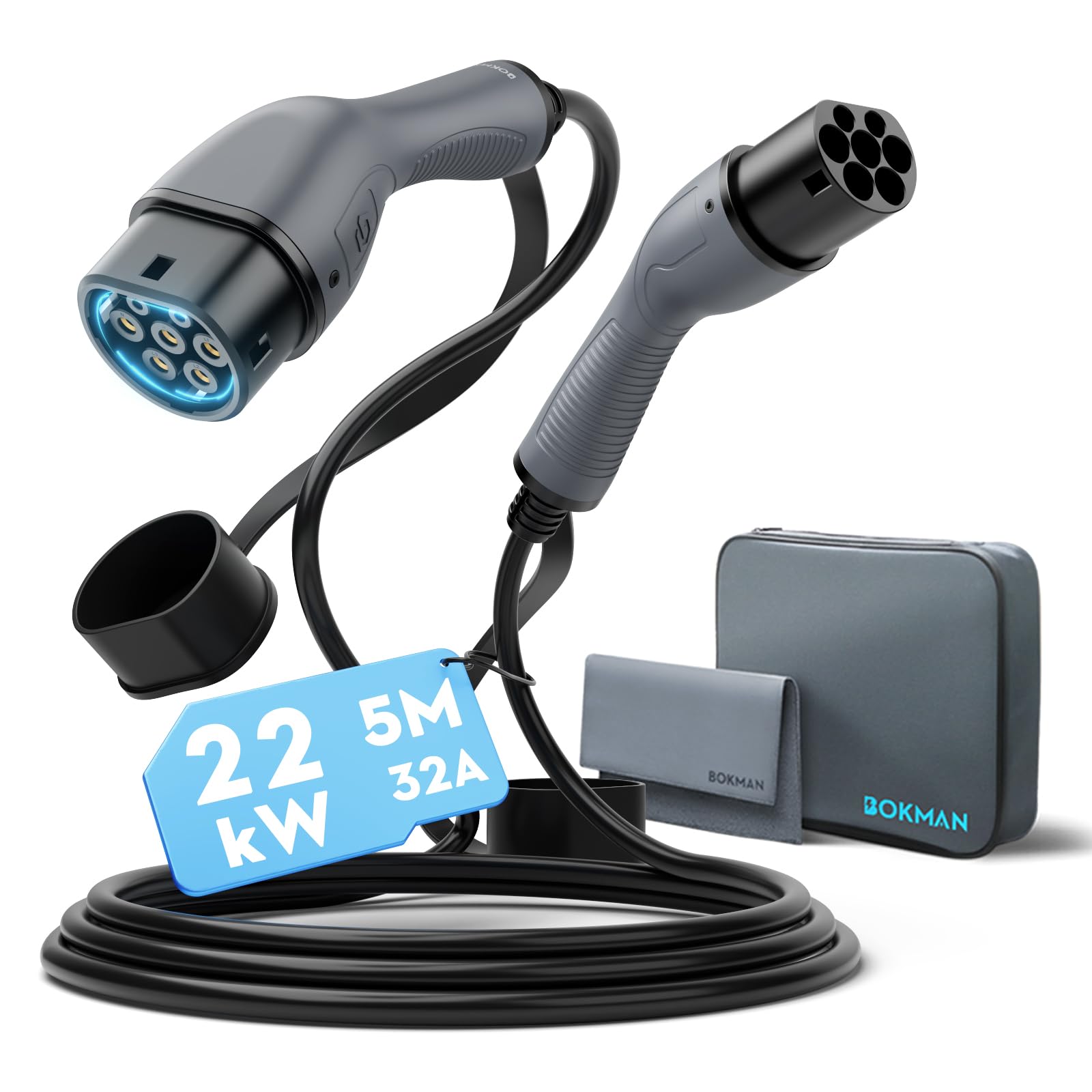 bokman Câble de Recharge Voiture Électrique Type 2 (22 KW/ 5 Mètres/Triphasé/ 32A), Étanche à la Pluie Charge Rapide et Sécurisée Compatible avec Model3/e-208/500-e (Câble T2)