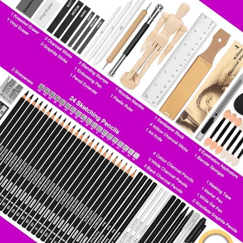 HIFORNY 70 Pcs Drawing Set Sketching Kit - Sketch Pencils Art Supplies for Adults Artists Kids with 3-Color Sketchbook,Graphite,Pastel,Charcoal Pencils,Blending Tools