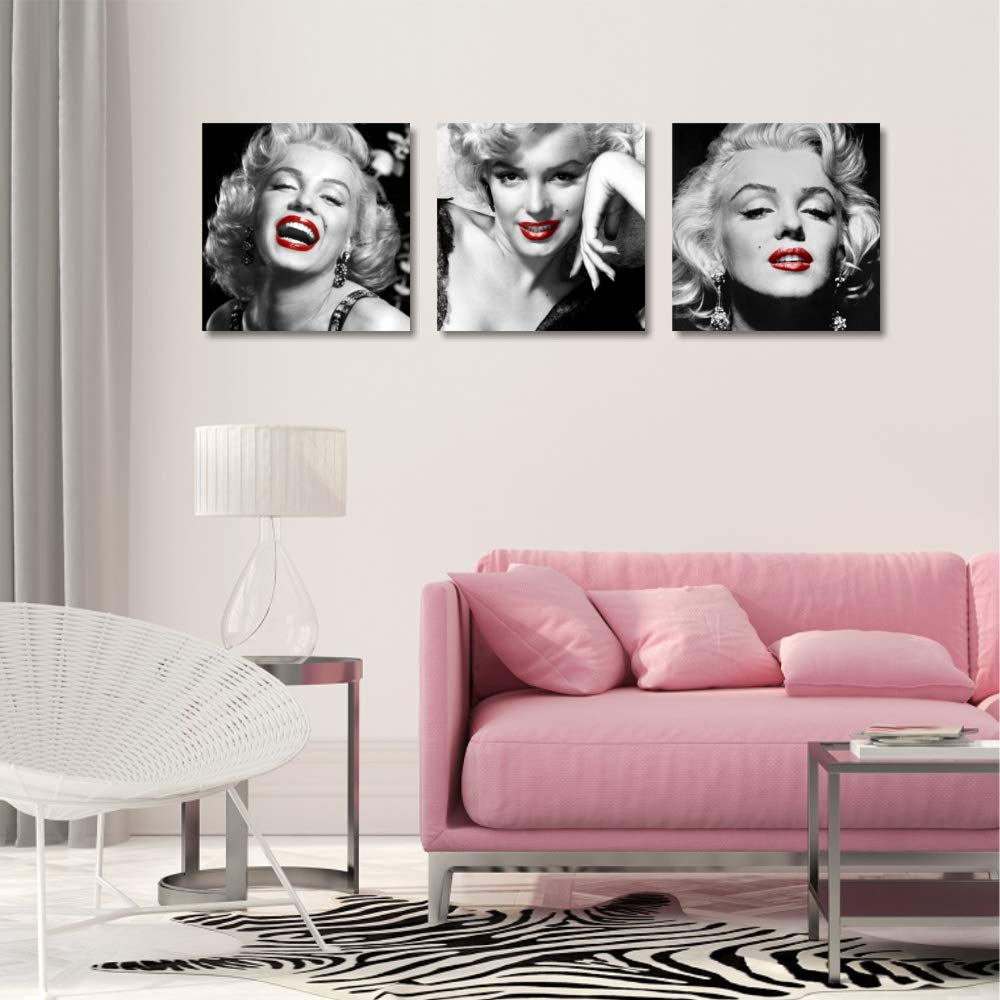 Quadri L&C ITALIA Marilyn Labbra Rosse - Quadri Moderni Soggiorno Cucina Ufficio 3 Quadretti 25 x 25 Stampe su Tela da Parete Bianco Nero