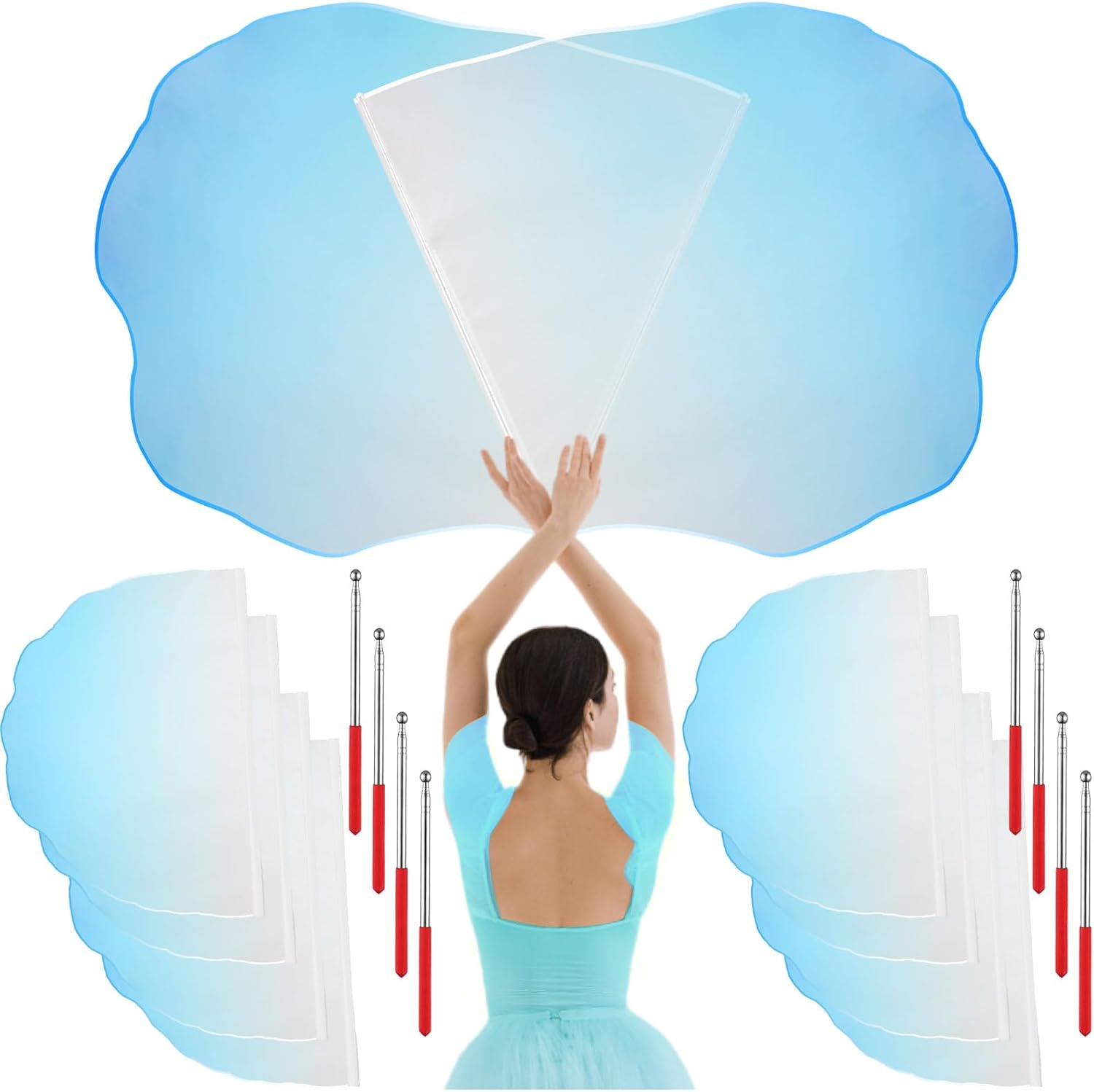 HunnmingRe 8 Set Worship Dance Flags with 8 Pcs Scalable Rod 29.5 x 39.3 Inch Praise Church Flags Semicircle Worship Angel Wing for Girls Adults Practice Performance(Gradient Blue and White)
