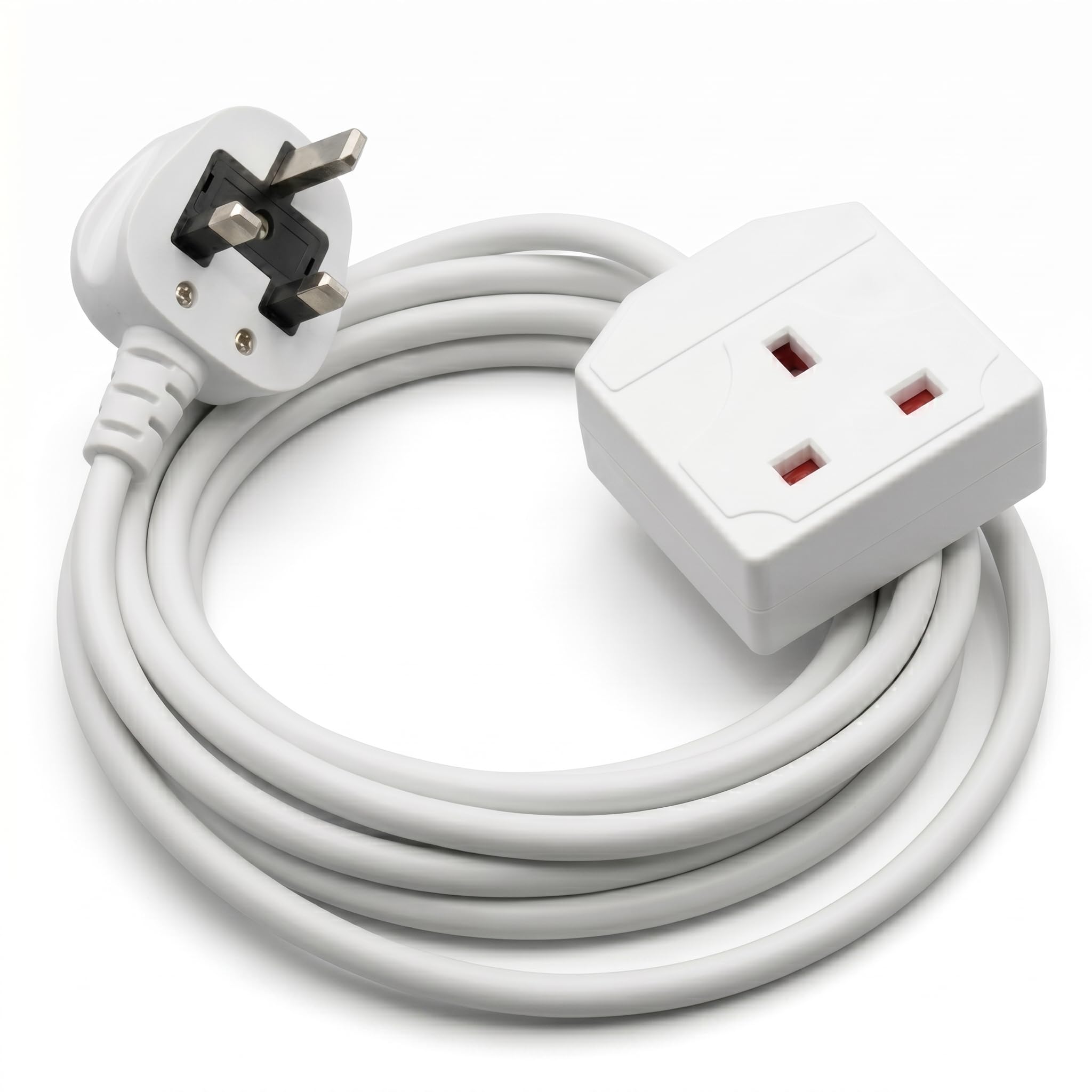 1 Way Extension Lead White 2 Metre Heavy Duty UK Plug Extension Socket Power Strip, Suitable for Home & Office Appliances.