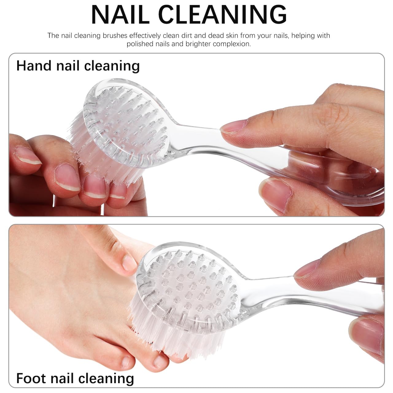 Long Handle Nail Cleaning Brushes, 3pcs Set Transparent Plastic Fingernail Scrubber with Round Bristles and Protective Cover for Dirt Removal Manicure Cleaning Tool for Men and Women