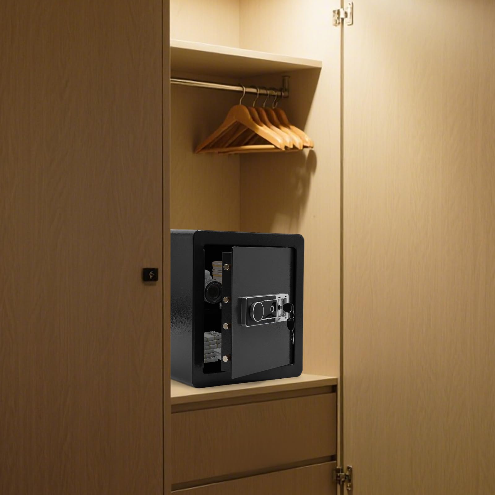 45L Safe Tresor für Zuhause, Möbeltresor mit Fingerabdruck Schlüssel, Schranktresor Wandtresor für Zuhause Ausweise Geld Wertsachen (Schwarz)