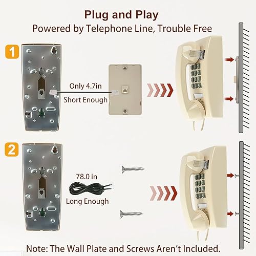 Miniatura 6 de Teléfono de pared clásico retro, teléfono fijo con cable vintage, plástico beige, timbre mecánico, línea eléctrica, operación de una sola línea