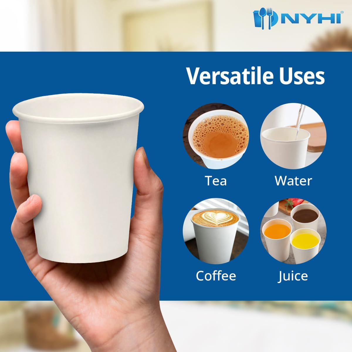 NYHI 300-Pack 8 oz White Disposable Paper Cups for Hot & Cold Drinks - Coffee, Tea, Water - Leak-Proof for Parties & Offices