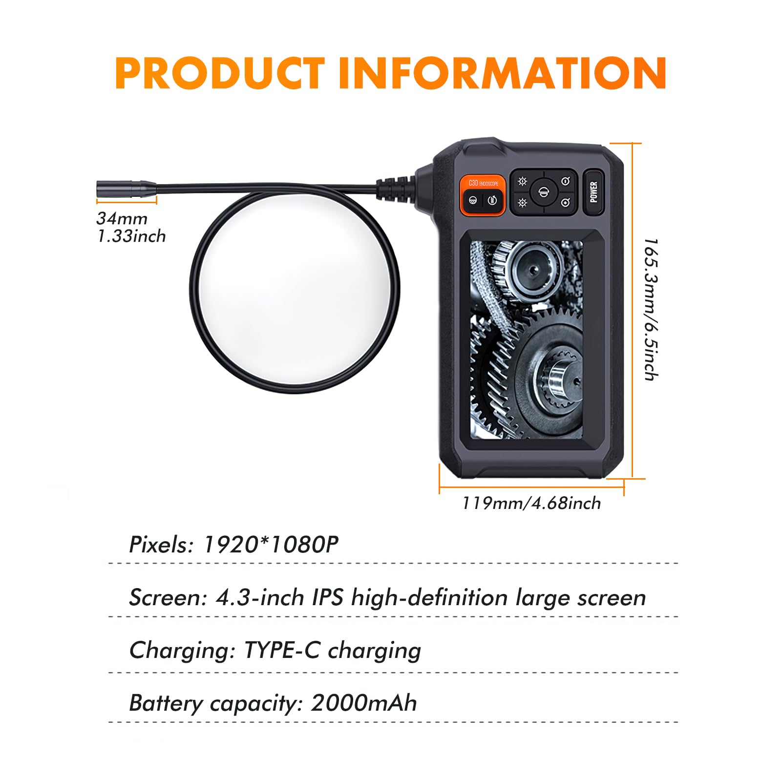 Endoskopkamera mit Bildschirm, 4.3 Zoll 1080P HD Inspektionskamera IP67 Wasserdicht, 5m Borescope mit LED Licht für Auto Rohr Motor Industrie