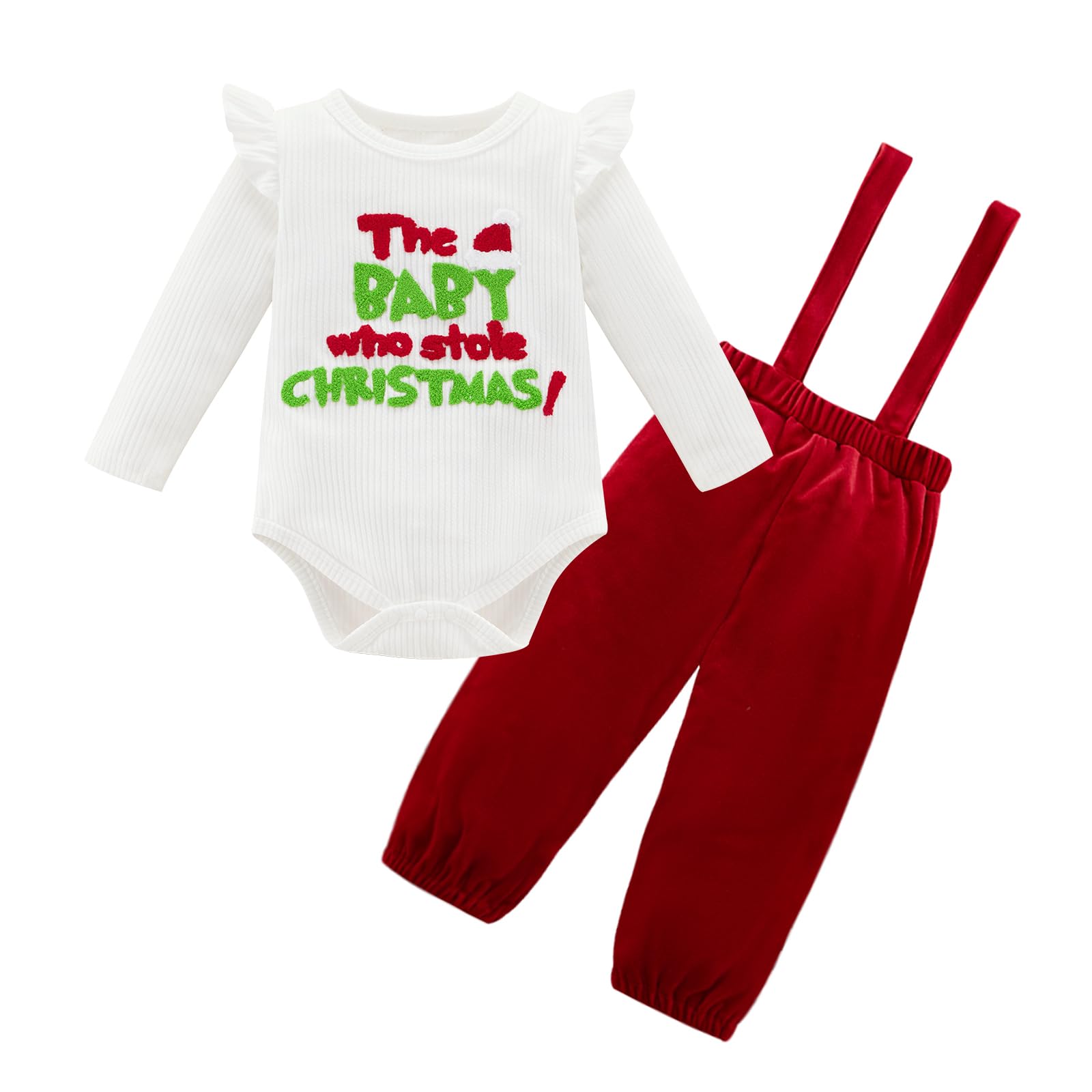 Ninobebe Newborn Baby Girl Christmas Outfit The Baby Who Stole Christmas Romper Suspender Pant Set Fall Winter Clothes 0-3 Months