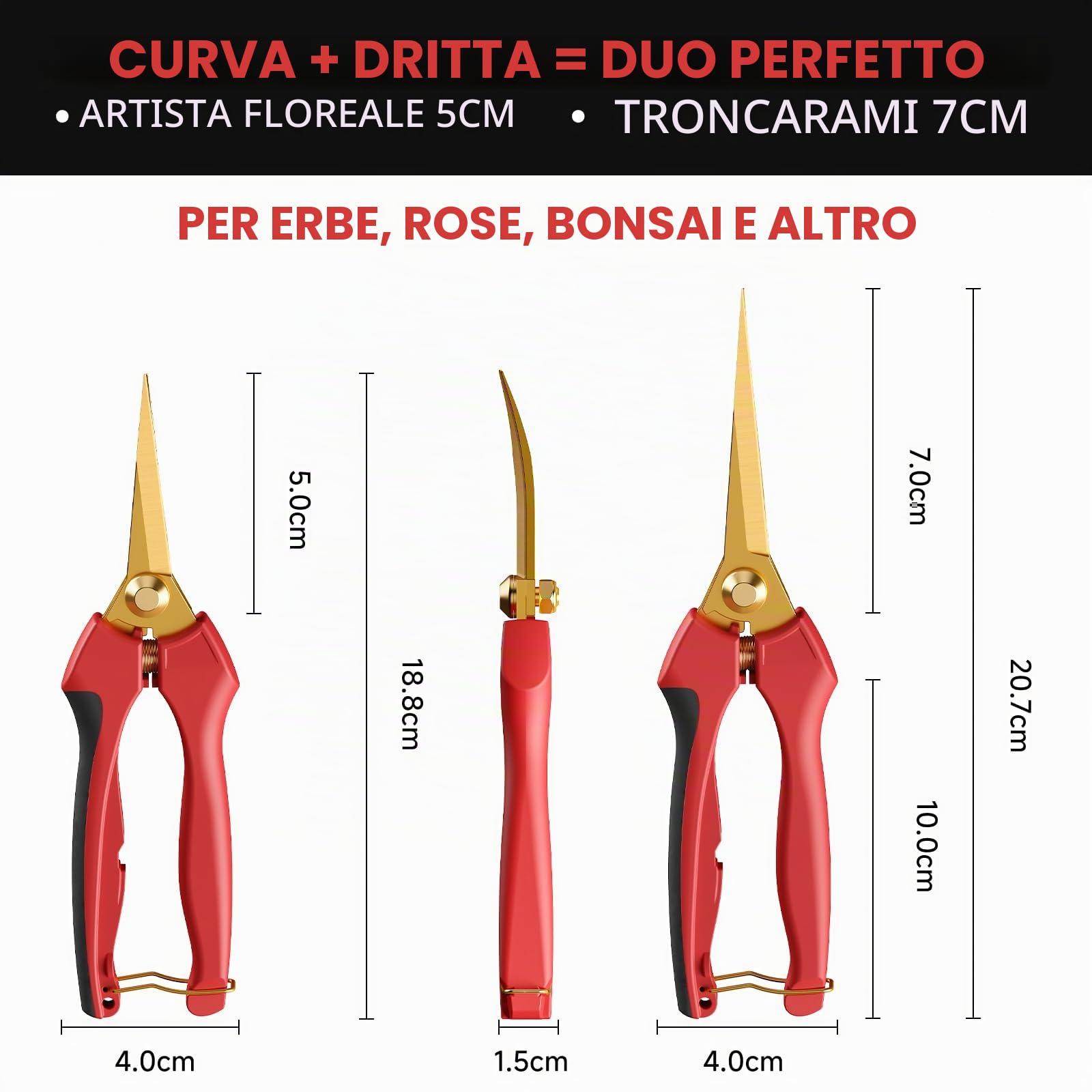 FLORA GUARD Confezione da 2 forbici da giardino piccole con lame curve rivestite in titanio, forbici per la raccolta di bonsai per fiori, frutta e verdura