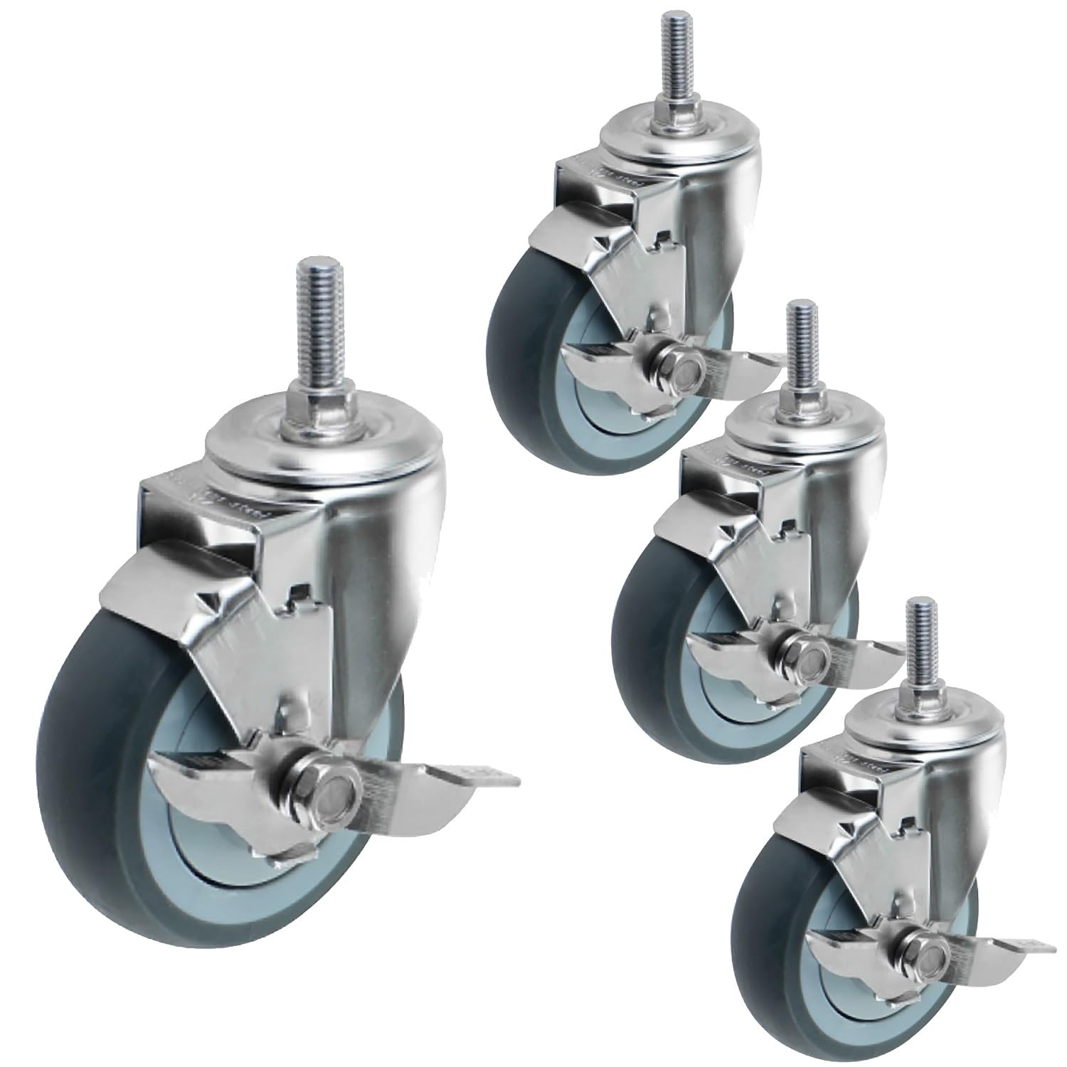 75mm roulettes for Meubles à Tige Filetée M12*30mm, roulettes en Caoutchouc 360°Pivotantes avec Frein, Capacité de Charge 300kg, Lot de 4(with Brake,3inch)
