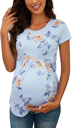 Camisetas de maternidad de manga corta para mujer, cuello redondo, plisado frontal, peplum, camiseta casual para embarazo