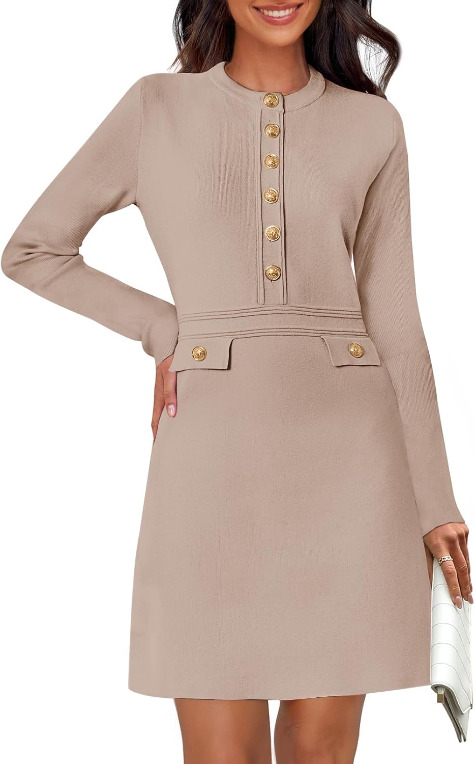 MEROKEETY Women's Fall 2026 Long Sleeve Bodycon Sweater Dress Button Crew Neck Winter Formal Mini Dresses