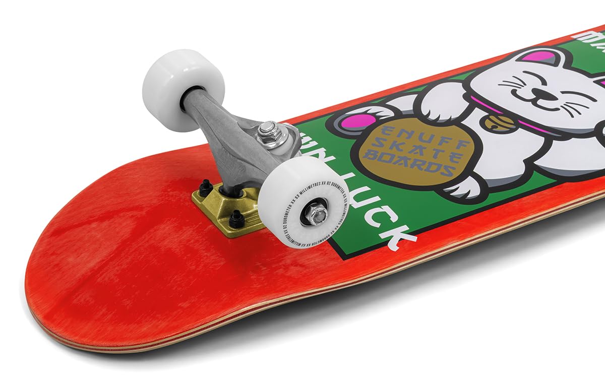 Enuff Lucky Cat Complete Skateboard - 7-warstwowy klonowy pokład i komponenty premium: Decade Pro Trucks, koła 53 mm XX, łożyska ABEC-9, taśma z uchwytem ikony czaszki