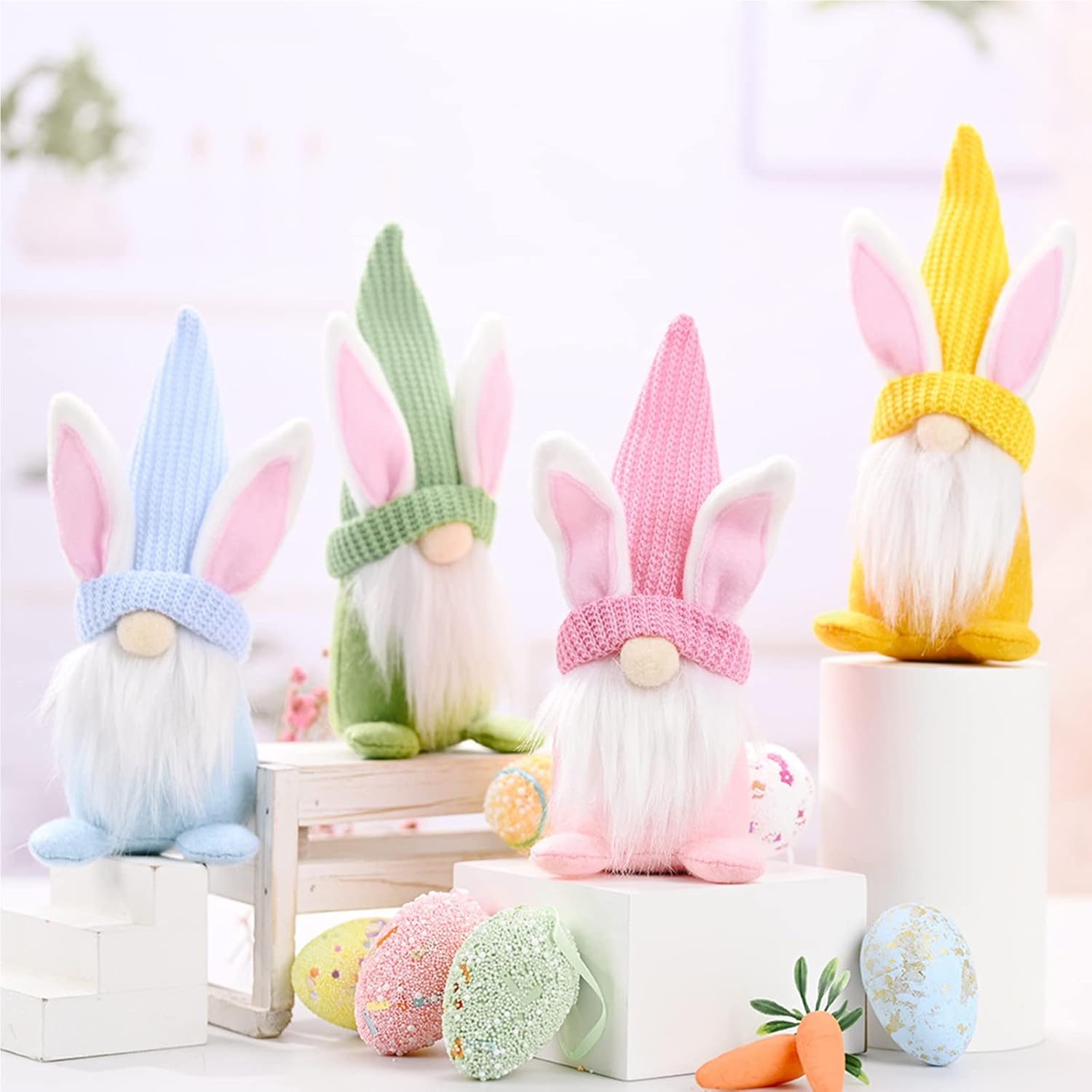 YOUEON 4 Pack Easter Bunny Gnomes Spring Gift, 7.5 Inch Handmade Easter Gnomes Decorations for Home Centerpiece, Swedish Tomte Elf Plush, Cute Faceless Dwarf Ornaments, 4 Colors