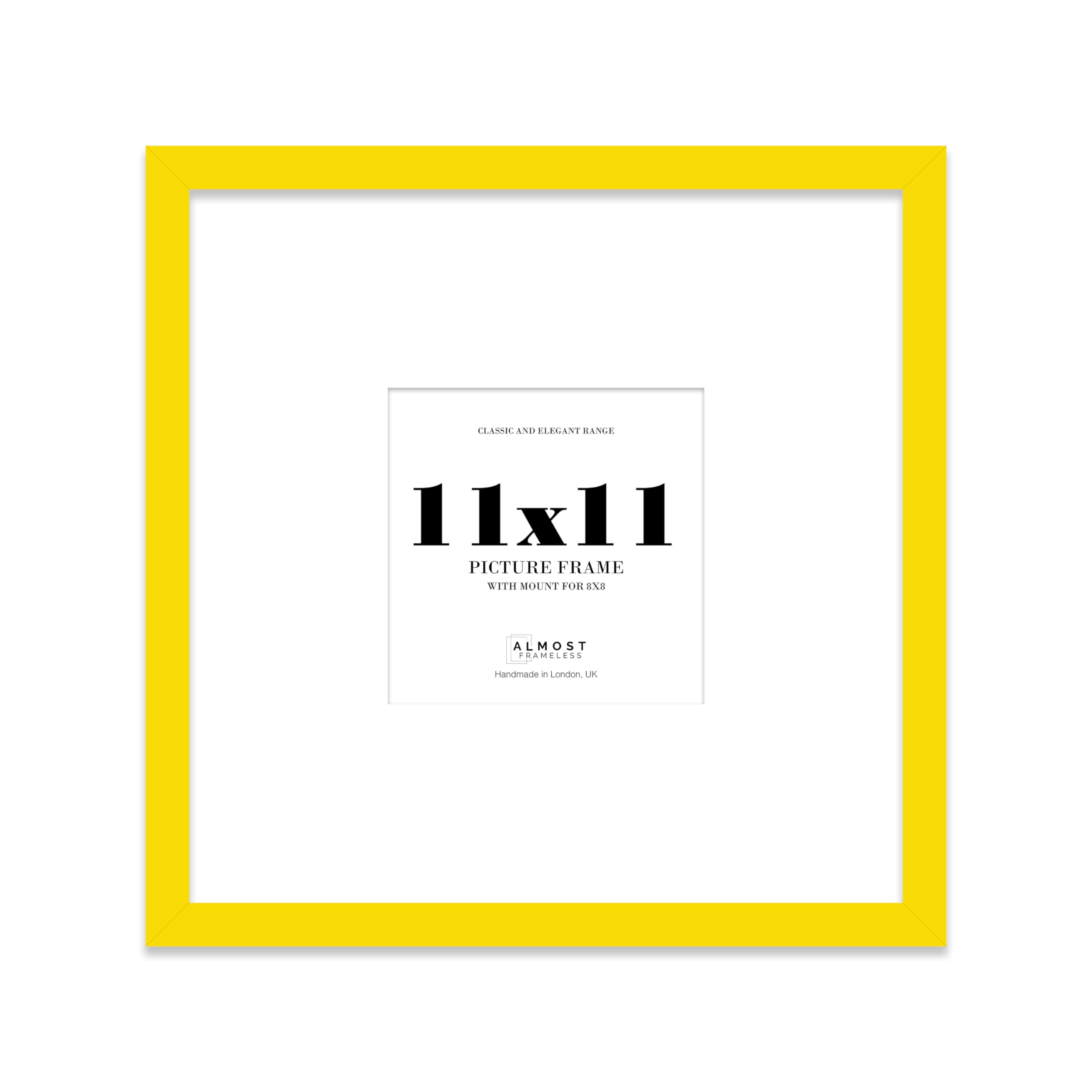 Almost Frameless 11x11 Square Picture Frame, Display Pictures 8x8 With Mat or 11x11 Without Mat, Wall Hanging & Free Standing Photo Frame, Yellow, 1 Pack