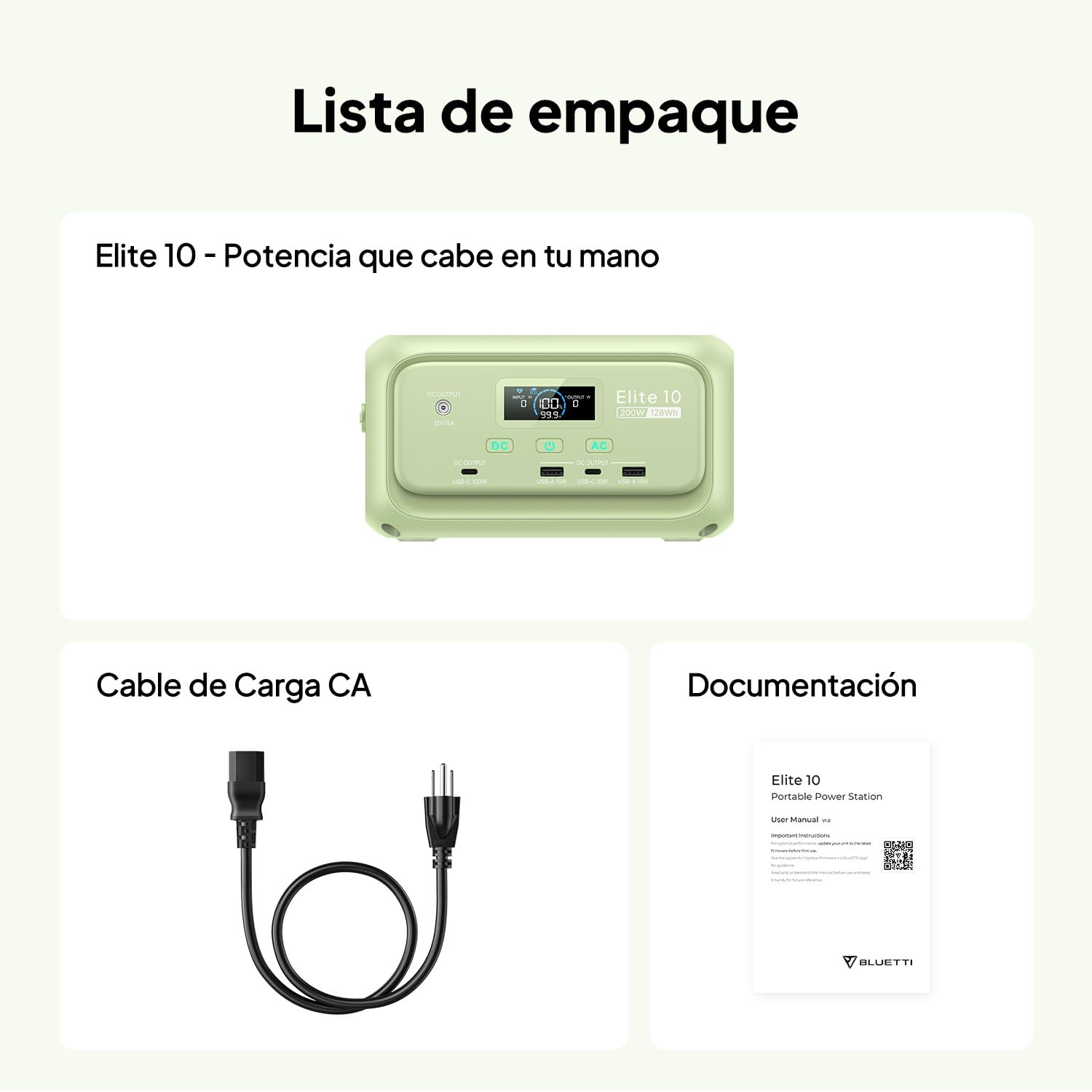 BLUETTI Elite 10 Mini Estación de Energía Portátil, Batería LiFePO₄ de 128Wh con Salida CA de 200W, Respaldo UPS de 10 ms, Generador Solar de Carga Rápida para Camping, Viajes y Emergencias （Verde）