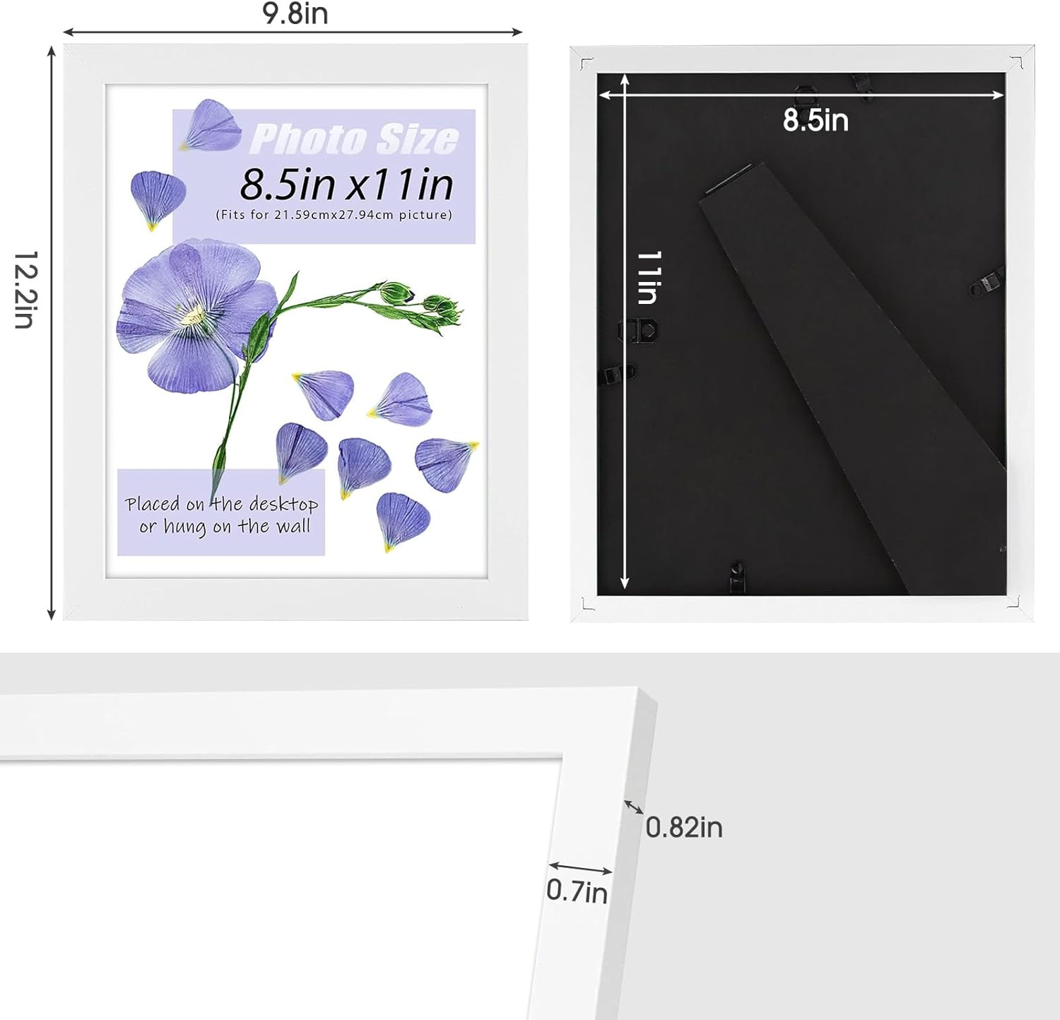 Frametory, 8.5x11 Picture Frame with Glass, Tabletop & Wall Horizontal or Vertical Display, 8 1/2 x 11 Photo Frame for Diploma, Documents (White, 3-Pack)