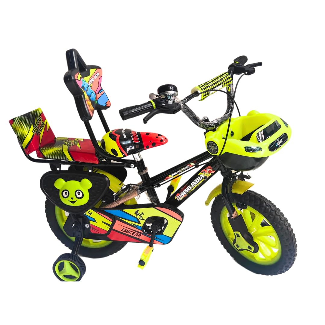 RISING INDIA Spooky Ride Cycle 14 Inch with Training Wheel for Boys and Girls Floro GREEN01 || SEMI Assembled || Ideal Height: 3 ft Bicycle Ideal for 3 to 5 Years