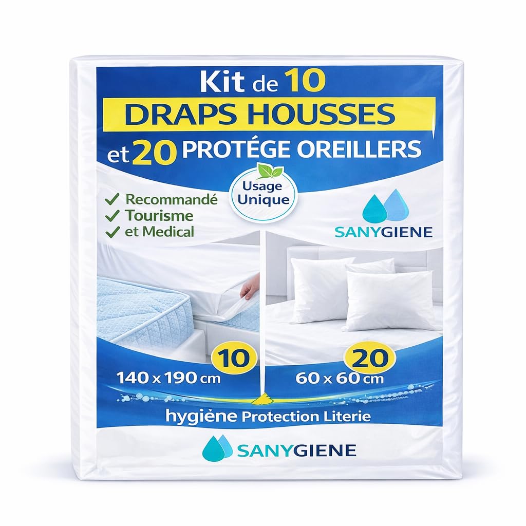 Kit Protection Literie Jetable 140X190/200 | 10 Housses Matelas 140X190-200 cm (Extensible) + 20 Taies Oreiller Usage Unique 60X60 cm | Hygiène Lit Tourisme et Médical