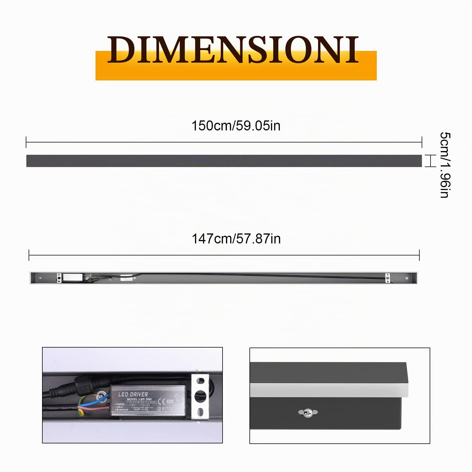 K-Bright Lampada da Parete Esterno/Interno LED 45W 4000K Bianco Naturale IP65 Applique da Parete Esterno 150CM Moderno per Balcone Giardino Veranda Via Garage, Grigio scuro