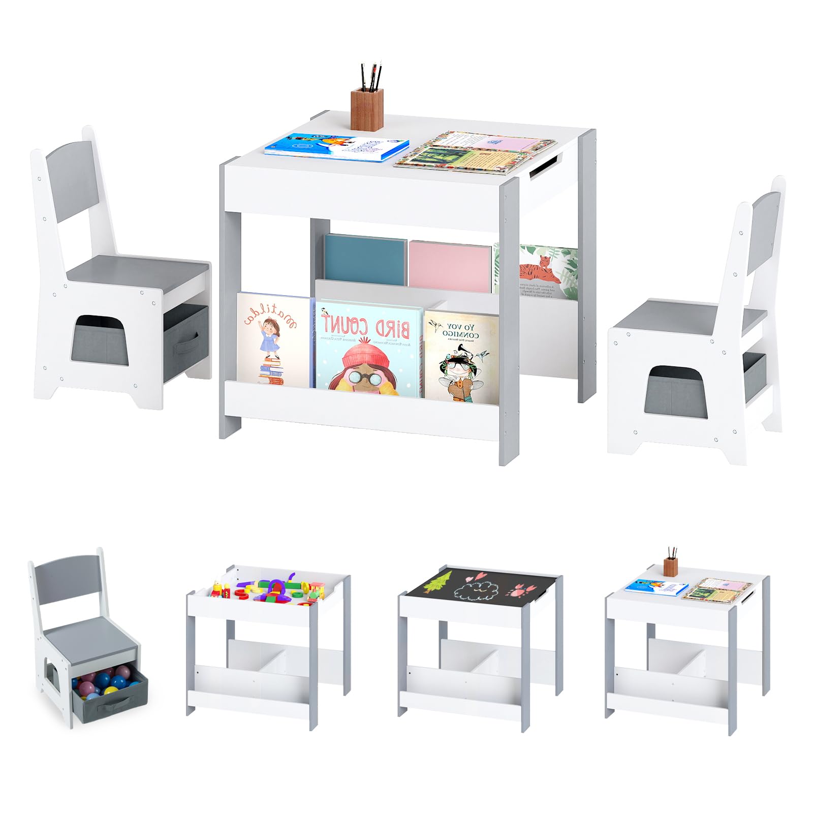 RELAX4LIFE 4 in 1 Tavolino e Sedie per Bambini, Tavolo con Piano Bifacciale Rimovibile e 2 Librerie Laterali, Sedia con Schienale Ergonomico e Cassetto, per Bambini 3+ Anni (Grigio)