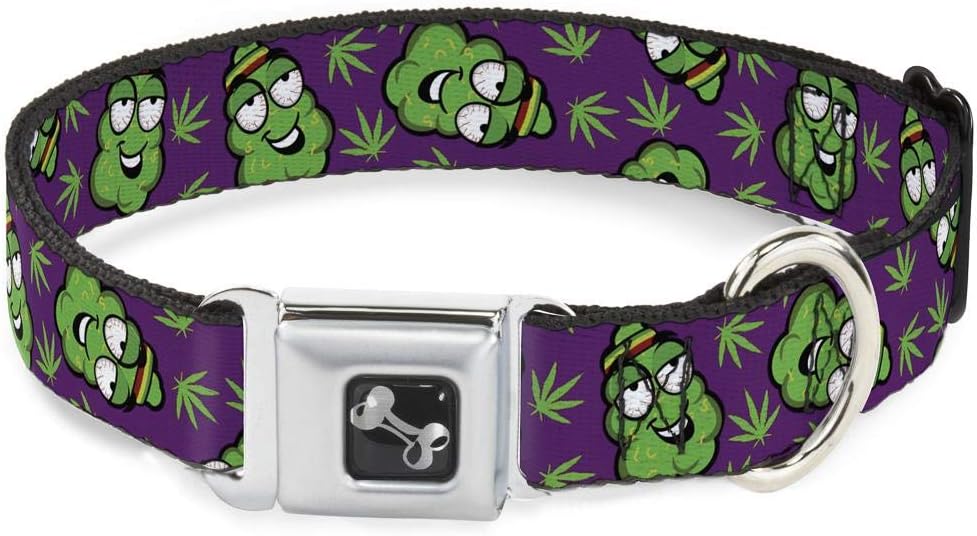 Dog Collar Bone - Marijuana Nugs Leaves Cartoon Purple Green - Large 15-26"
