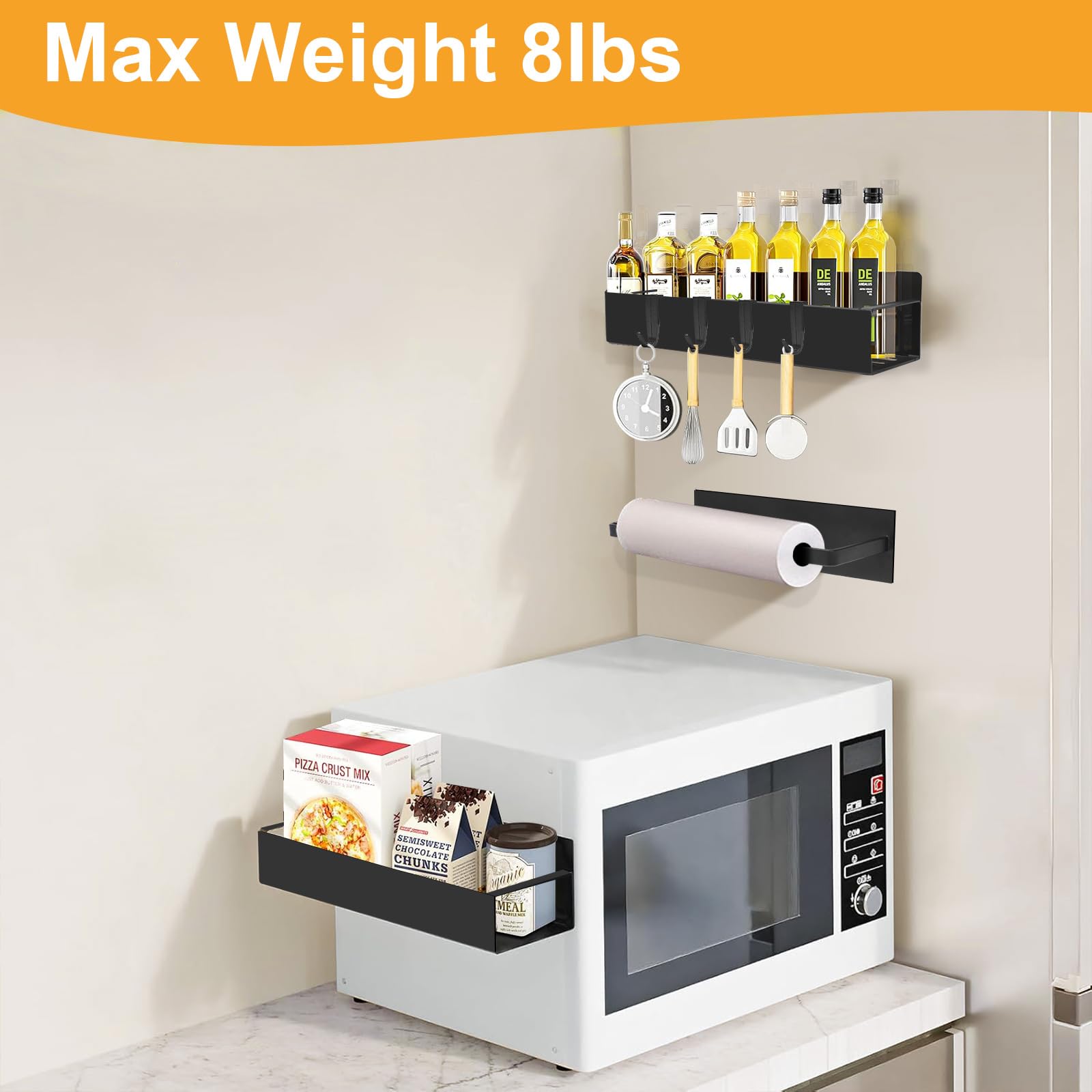 Paquete de 4 estantes magnéticos para especias para refrigerador, estante magnético de metal negro con soporte para toallas de papel, pizarra blanca, 3 marcadores, 4 ganchos, ahorro de 5