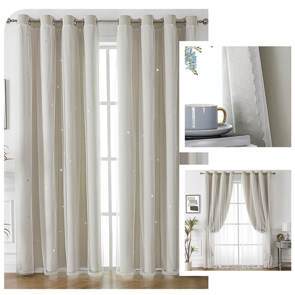 URFEDA Rideau Double Voilage à Dentelle Rideau Occultants Thermiques Rideaux étoilés Semi-translucide Rideaux Beige à Oeillets Voilages Intérieur Fenêtre en Polyester Souple Moderne 132x214cm