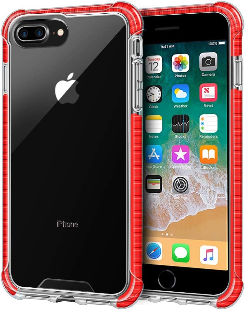 LOEV iPhone 8 Plus Case Clear, Phone 7 Plus Case Clear, Shockproof Slim Hybrid Protective Case with 4 Corners Drop Protection Cushion TPU Bumper Transparent Cover for iPhone 8 Plus /7 Plus, Red