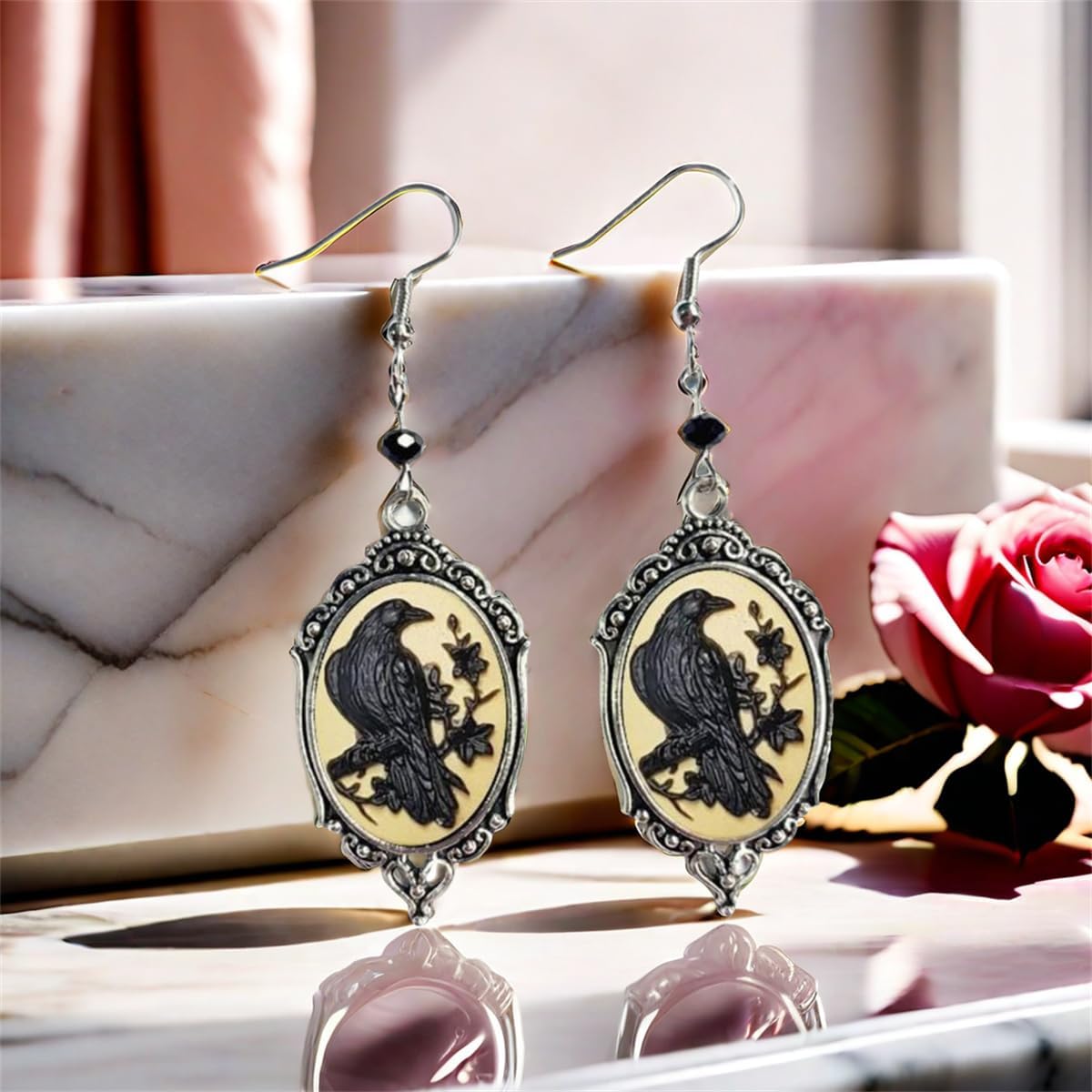 Gothic Raven Cross Glass Dangle Earrings,Vintage Victorian Drop Earrings Goth Crystal Gem Crow Earrings Mystic Witch Halloween Jewelry Gift Accessories - Image 3