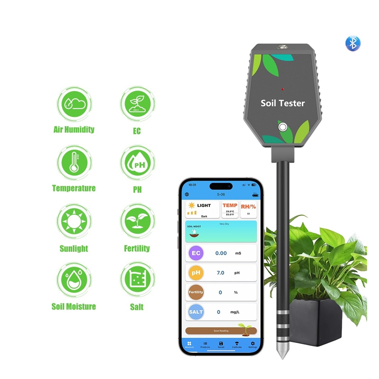 Medidor de humedad del suelo, Medidor de pH del suelo profesional, medidor de pH, CE, fertilidad, salinidad, monitor, luz inteligente, detector de humedad del aire. Para jardinería y agricultura