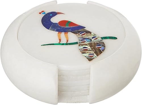 Miniatura 7 de Posavasos de mármol para bebidas, juego de 6 posavasos para bebidas con soporte, arte de pavo real con incrustaciones de mármol, posavasos de lujo