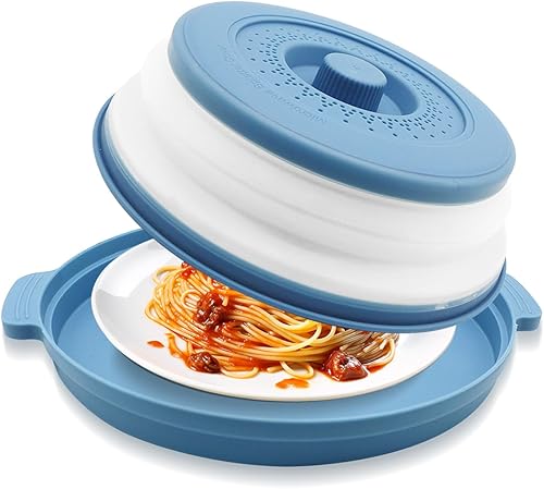 Cubierta contra salpicaduras de microondas de 10.2 pulgadas con asas, tapa de silicona plegable ventilada y bandeja antiquemaduras, protector contra