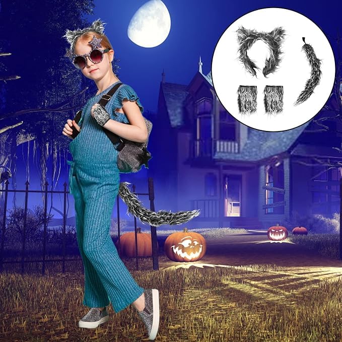 mefound 4Pcs Wolf Costume Accessory Set - Cute Animal Ears Tail and Gloves Cosplay Costume Accessory Fancy Dress Party - Image 3