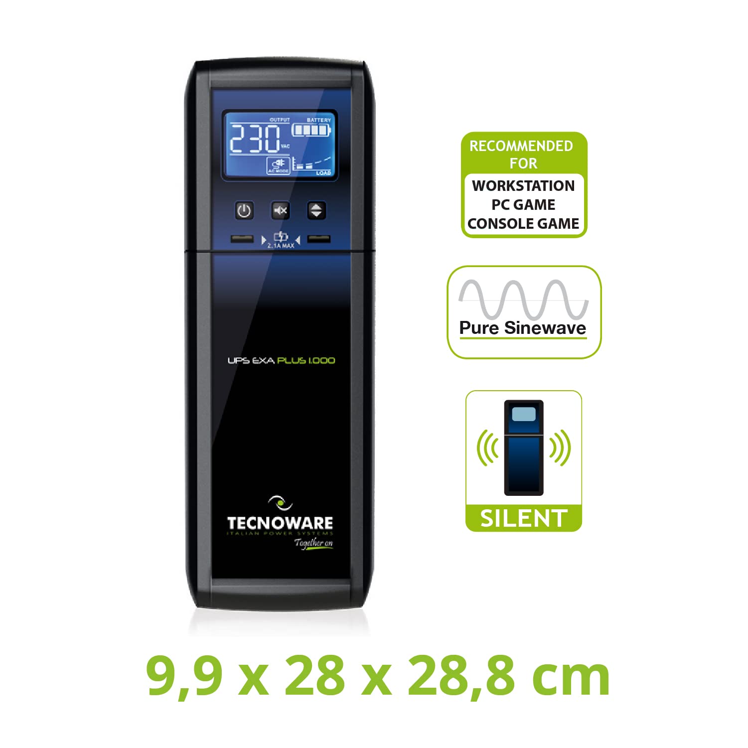 Tecnoware Onduleur EXA Plus 1000 - ASI PC Gaming et Consoles - Silencieuse - 8 Sorties IEC - Puissance 1000 VA + Multiprise avec Protection de Sécurité et Interrupteur Lumineux - Fiche entrée IEC C14