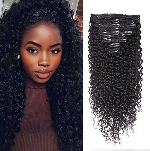 Superwigy Clip in Human Hair Extensions Full Head 7 Pieces Set Long Curly Wave Nature Black Silky for Black Women (15Inch 70g)