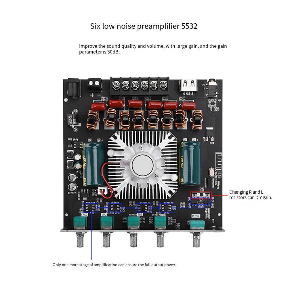 ZK-AS21 Module amplificateur audio Bluetooth 2.1 canaux avec puce TPA3255, entrées AUX USB, gain 30 dB, alimentation DC 16-38 V, noir