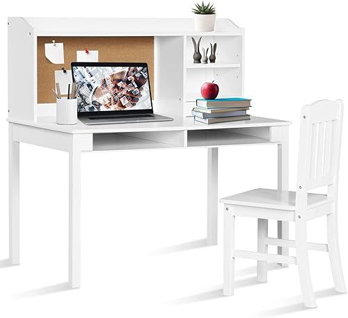 Costzon Juego de escritorio y silla para niños, escritorio de estudio para niños con silla, gabinete, almacenamiento, cajones, estantes, tablero de