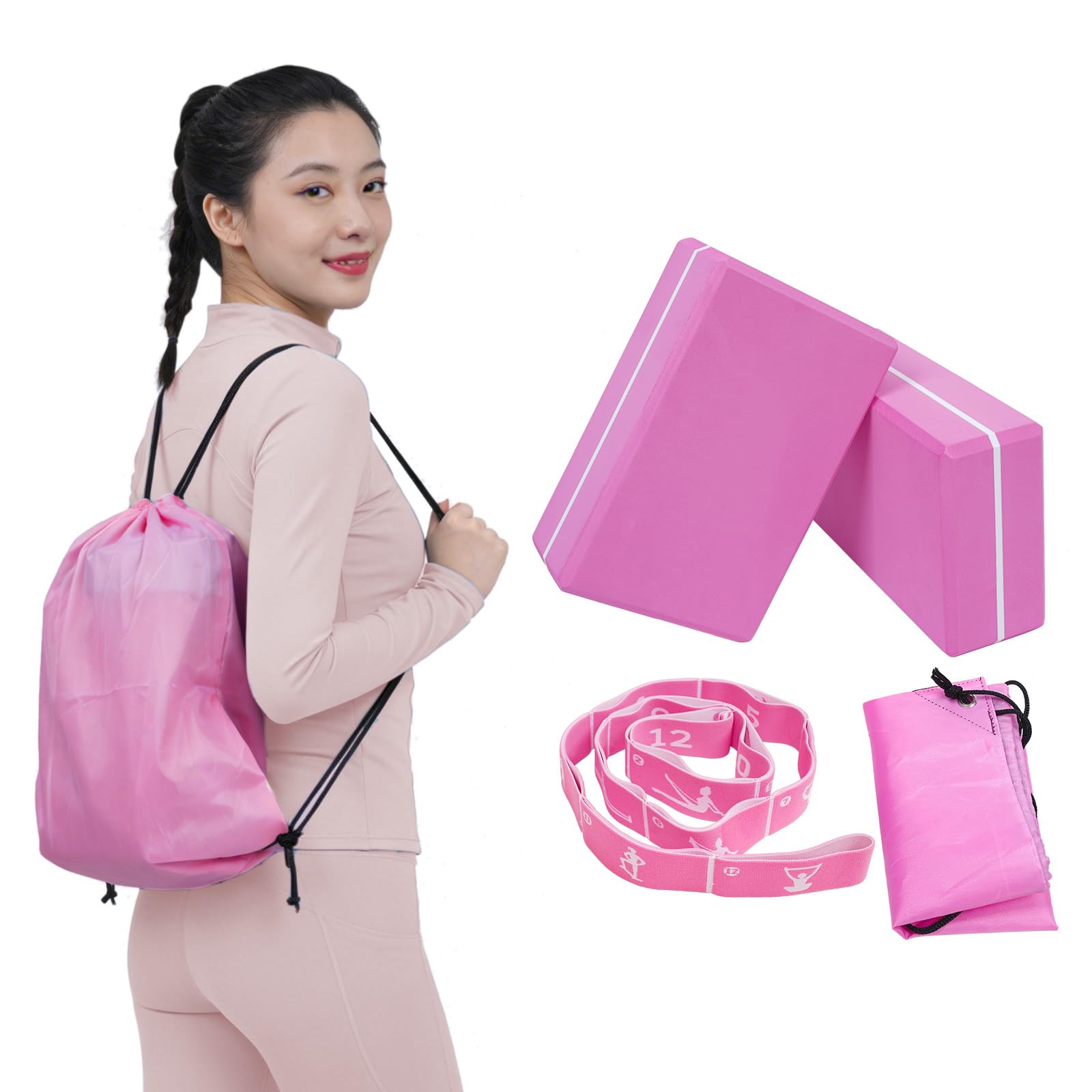 Blocchi da yoga con fascia elastica e borsa, blocchi per yoga in schiuma ad alta densità per stabilità, stretching profondo ed equilibrio, cinghia di resistenza a 12 anelli per yoga, pilates, danza e