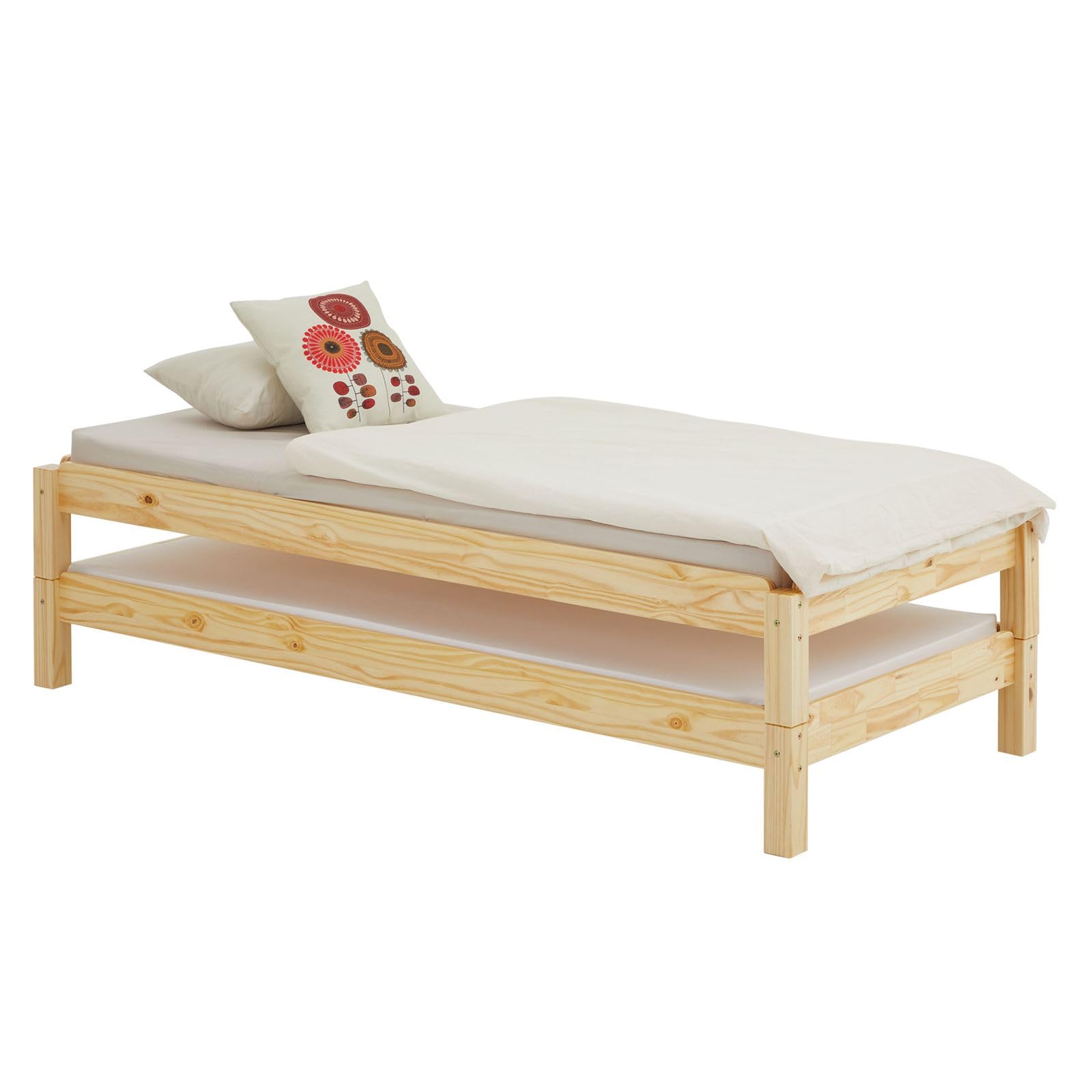 IDIMEX Stapelbett RINO 90x200 cm 2er Set in weiß aus Kiefer Massivholz, Kinderbett mit Gästebett aus massivem Holz, platzsparendes Stapelliege Massivholzbett
