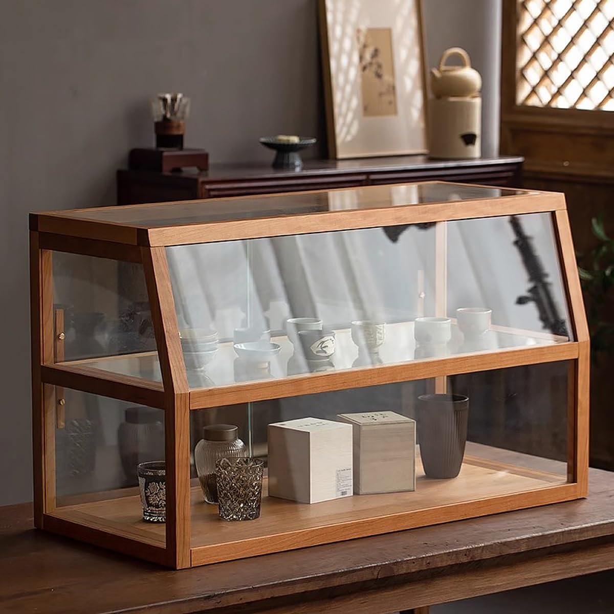 Vitrina Trapezoidal de Madera de 2 Niveles para Pasteles y Galletas, Ideal para panaderías. Exhibidor Comercial de mostrador para Tartas. Vitrina de Cristal Transparente. Caja para Pan. Armario de al