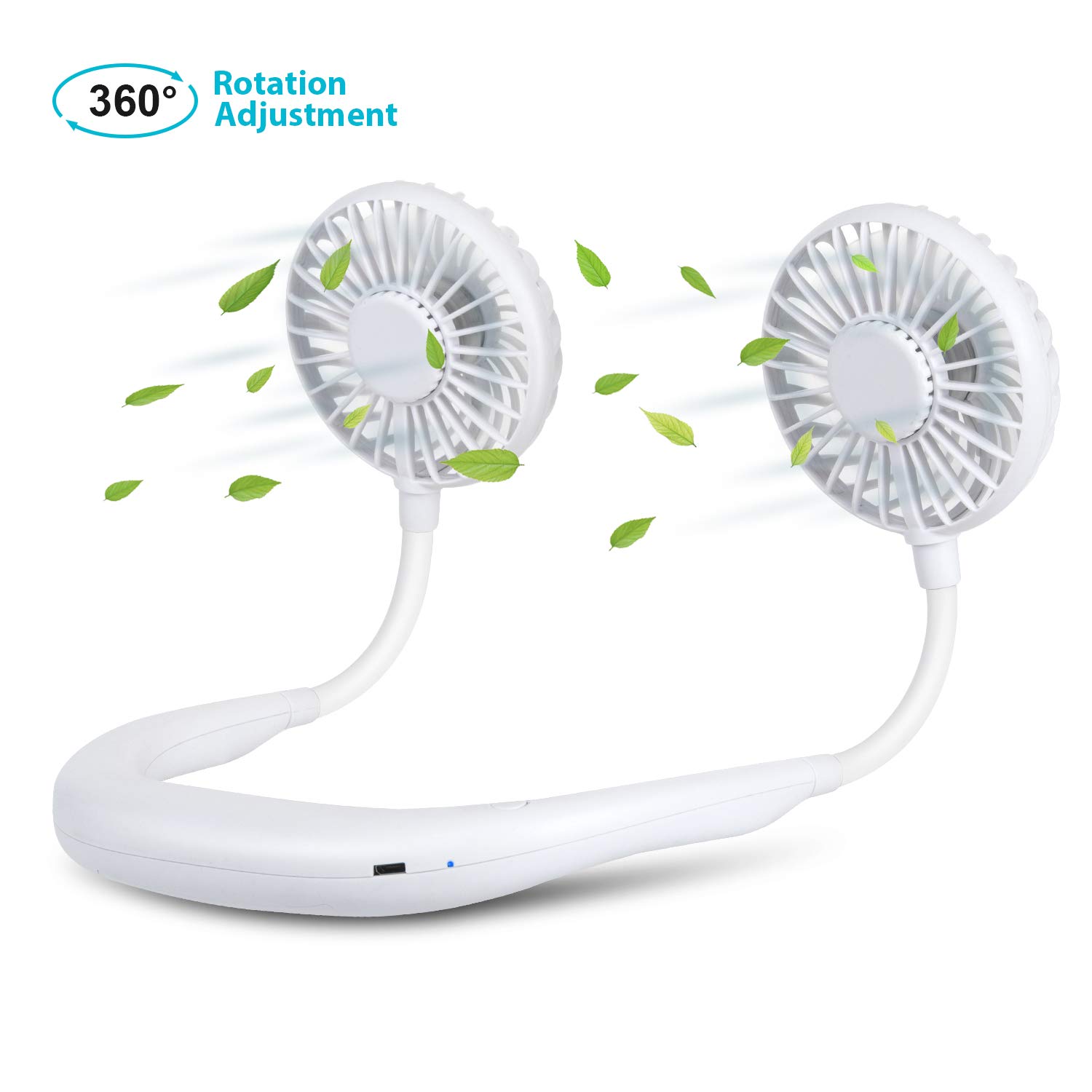 Portable Neck Fan, 2600mAh Rechargeable Battery Operated Mini Neckband Hands Free Personal Wearable USB Fan with Hair Safety Net Cover for Traveling Outdoor Office, White