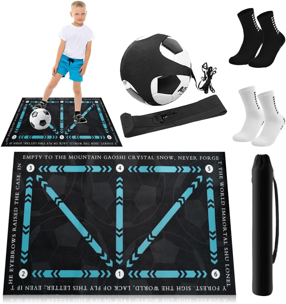 Soccer Training Mat with Video Guide & Grip Socks | 47“x32” Footwork Agility Mat for Ball Control & Speed | Non-Slip Soccer Practice Mat for All Ages, Home, Gym | Includes Training Equipment & Guide