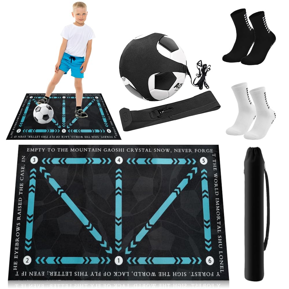 Soccer Training Mat with Video Guide & Grip Socks | 47“x32” Footwork Agility Mat for Ball Control & Speed | Non-Slip Soccer Practice Mat for All Ages,