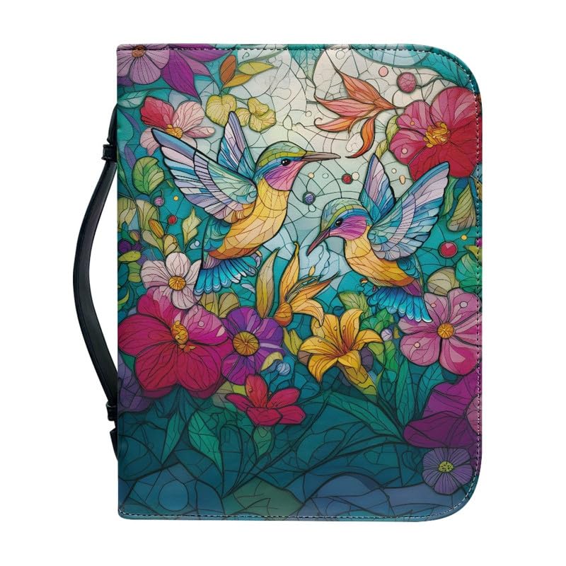 Kuiaobaty Hummingbird Flowers Zipper Bible Bag Carrying Case with Handle for Standard Bible, Stained Glass Art Birds Book Cover for Women,XL — image 1