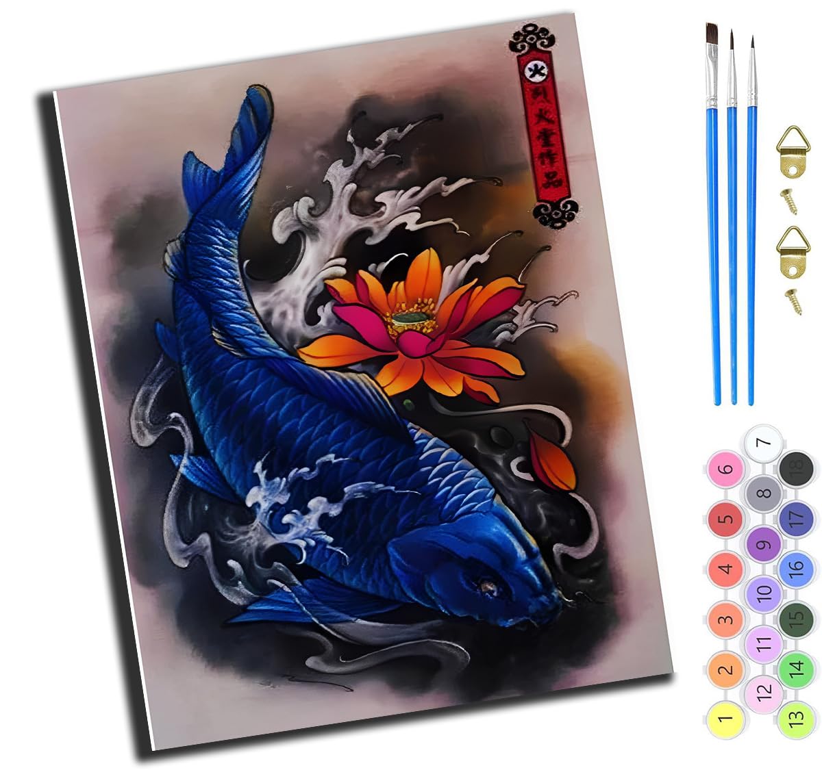 Xiaoyouqian Without Frame Japanese Blue Koi Fish With Flowers,Paint By Numbers For Adults Kids,Diy Oil Painting Kit,16X20 Inch，Hand Drawn Gifts,-Frameless