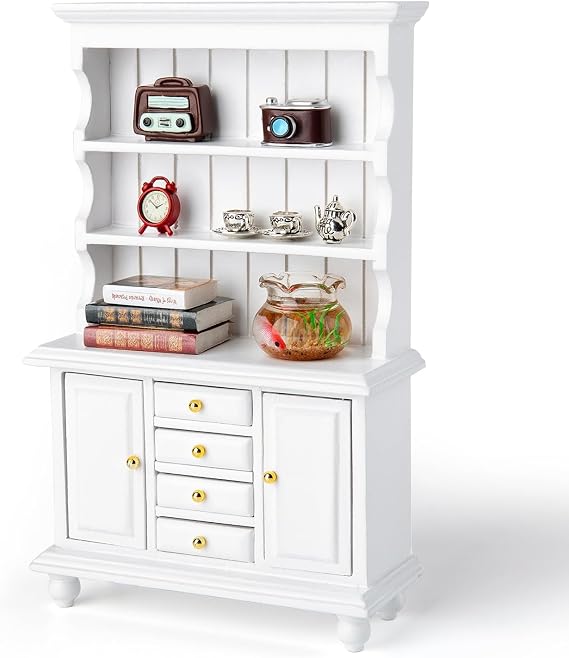 1/12 Dollhouse Cabinet Set, 11Pcs Dollhouse Furniture and Accessories | Wooden Bookshelf with Accessories (Alarm Clock, Fish Tank, Books, Coffee Cups) for Living Room,Dining Room,Study