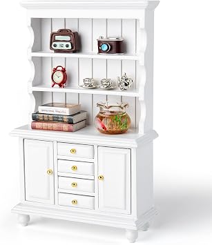 1/12 Dollhouse Cabinet Set, 11Pcs Dollhouse Furniture and Accessories | Wooden Bookshelf with Accessories (Alarm Clock, Fish Tank, Books, Coffee Cups) for Living Room,Dining Room,Study
