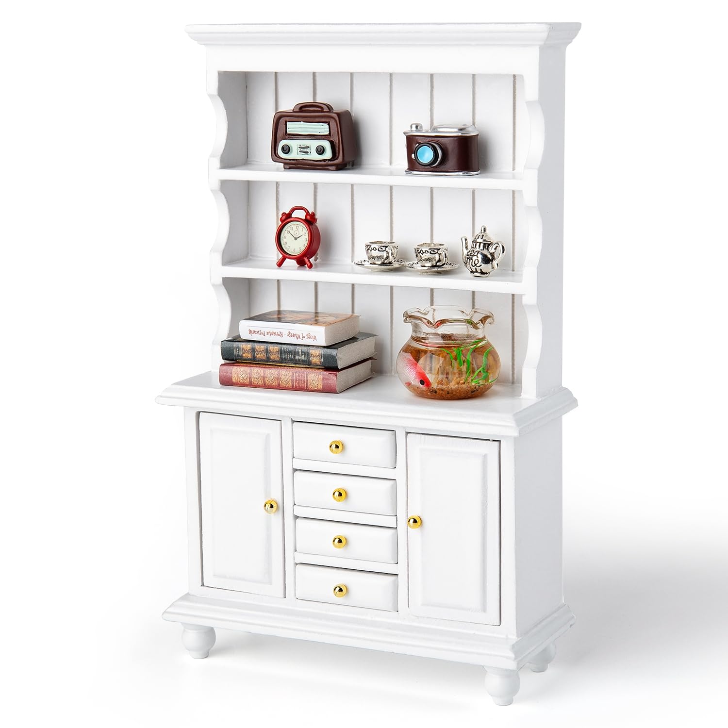 Minamzee 1/12 Dollhouse Cabinet Set, 11Pcs Dollhouse Miniature Wooden Bookshelf with Accessories (Alarm Clock, Fish Tank, Books, Coffee Cups) for Living Room,Dining Room,Study and Other Scenes